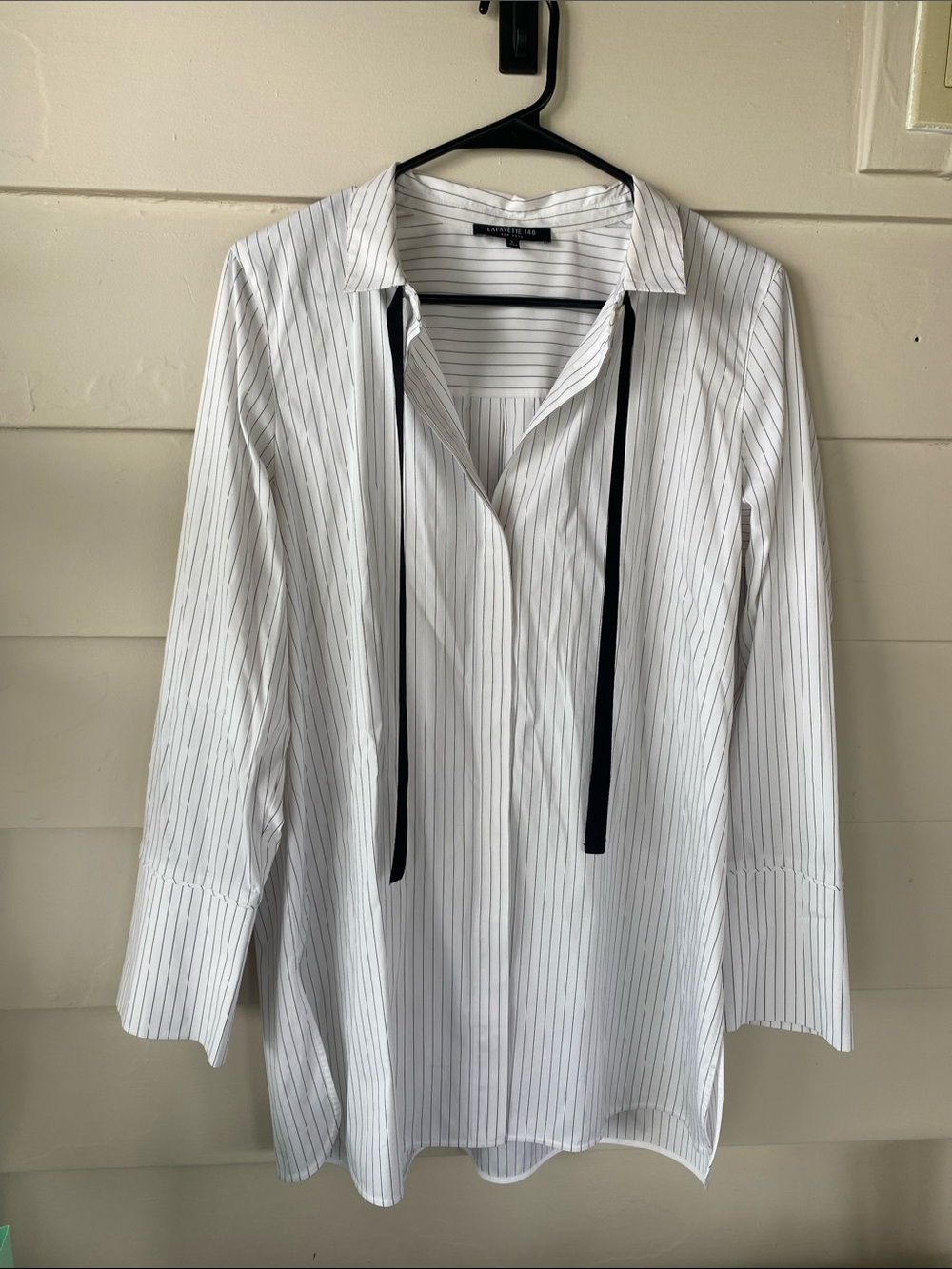Lafayette 148 New York White Pinstripe Button-Down with Black Ribbon